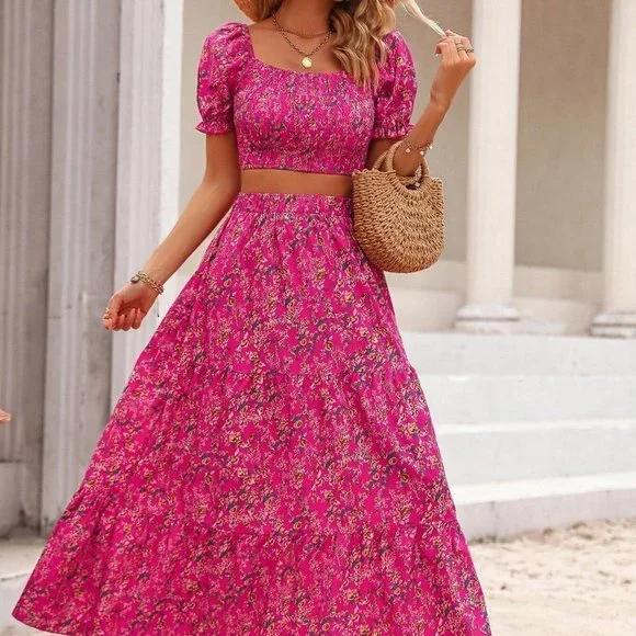 Boho Ditsy Floral Print Puff Sleeve Crop Blouse & Ruffle Hem Skirt pink - Picture 5 of 5